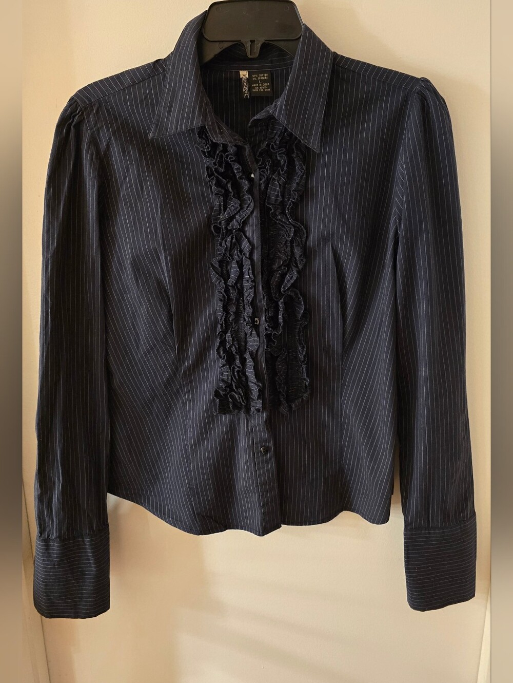 Passport Navy Pinstripe Ruffle Front Button-Down Shirt